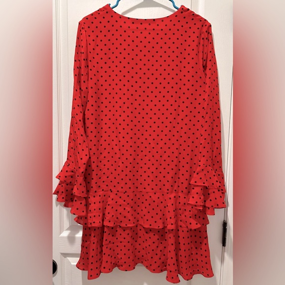 Vtg Diane Von Furstenberg Long Sleeve Two Ruffle Red/Black Dot Mini Shift Dress - Picture 3 of 5